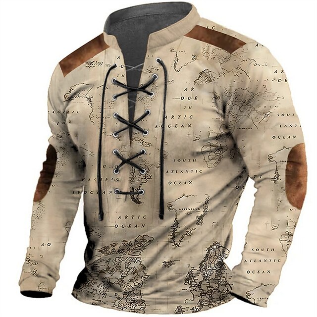 Men's World Map Graphic Prints Graphic Tee Vintage Shirt Long Sleeve T shirt Shirt Fashion Designer Casual Outdoor Vacation Daily Wear Black Brown Green Spring &  Fall Clothing Apparel S M L XL 2XL4