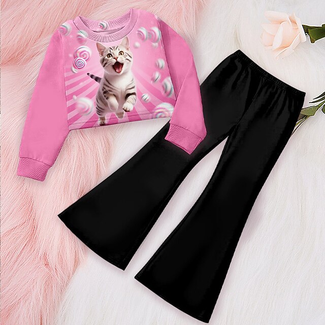  Fete 3D Inimă Grafic Set de hanorac și pantaloni de trening Set de îmbrăcăminte Roz Manșon Lung Tipărire 3D Toamnă Iarnă Activ Modă Zilnic Copii 4 ani + În aer liber Vacanță Dată Fit regulat