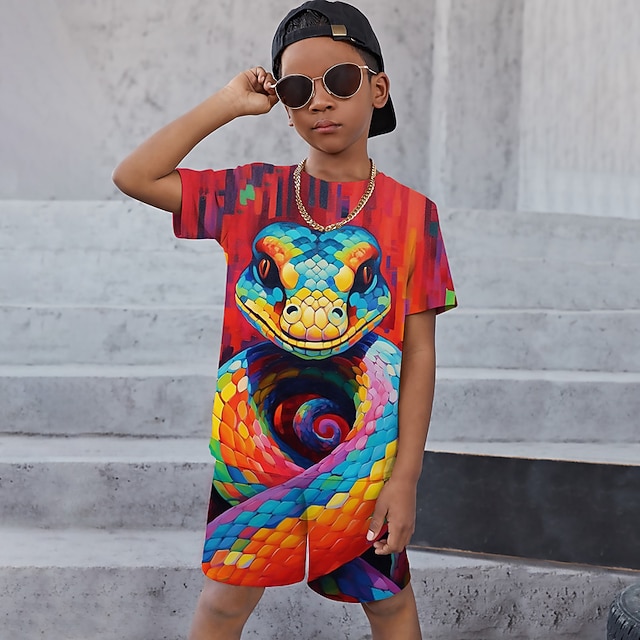 Boys Wild Leopard Graphic Summer Outfit – Black T-Shirt & Denim Shorts Set (2-Piece)