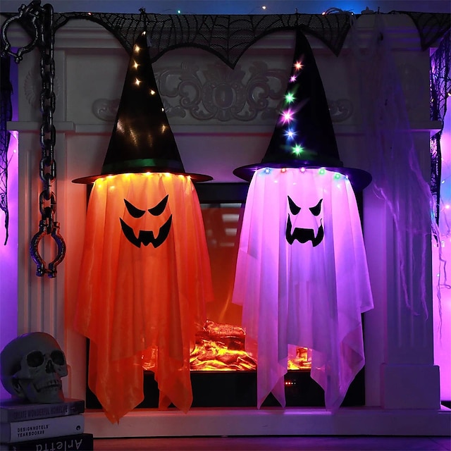  Halloween Decorations Flying Witch Hats Ghost Hanging LED Lights Bar Halloween Party Supplies Dress Up Glowing Wizard Ghost Lamp