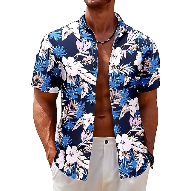  Herr Skjorta Hawaii skjorta Blommig Grafiska tryck Nedvikt Svart Gul Rubinrött Marinblå Marinblå Utomhus Gata Kort ärm Mönster Kläder Mode Designer Ledigt Mjukt