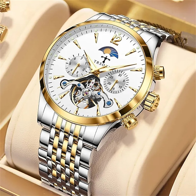  TRSOYE Mechanical Watch for Men Automatic Wristwatches 30M Waterproof Luxury Moon Phase Hollow Skeleton Stainless Steel Men's Watch Gifts