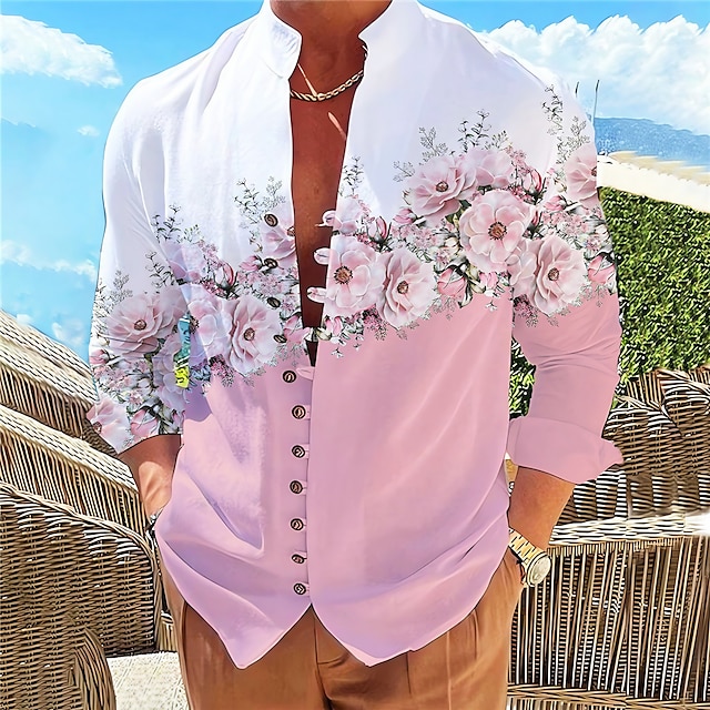 férfi ing vászon ing virágos grafikai állvány gallér sárga rózsaszín lila zöld szürke szabadtéri utcai hosszú ujjú mintás ruházat ruházat vászon ing divat utcai ruházat tervező alkalmi
