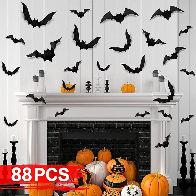  88 piezas de 4 tamaños decoraciones de Halloween PVC 3D murciélagos decoración de pared para suministros de fiesta de Halloween pegatinas de pared de murciélagos aterradores set DIY murciélagos para decoración del hogar de Halloween interior al aire libre