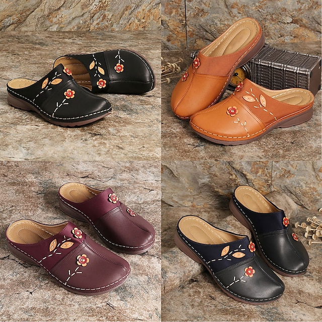  Mujer Zapatillas Zuecos Sandalias con Cuña Tallas Grandes Zapatillas al aire libre Exterior Diario Color sólido Hueco Verano Tacón Cuña Dedo redondo Elegante Casual Minimalismo PU Mocasín Vino Negro