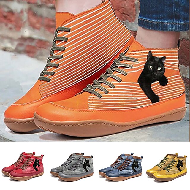  Women's Boots Plus Size Barefoot shoes Daily Solid Color Booties Ankle Boots Winter Lace-up Flat Heel Round Toe Casual Faux Leather Lace-up Yellow Red Blue