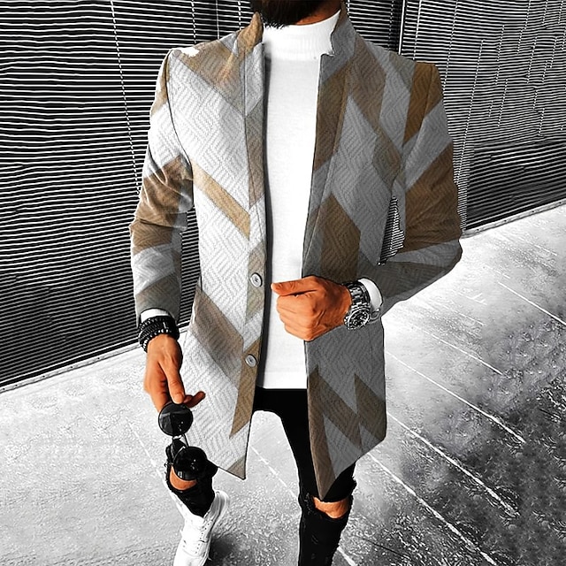 Men's Geometry Winter Coat Overcoat Coat Warm Comfortable Breathable Fashion Streetwear Business Work Wear to work Going out Pocket Print Fall & Winter Turndown Long Sleeve Brown khaki Gray4
