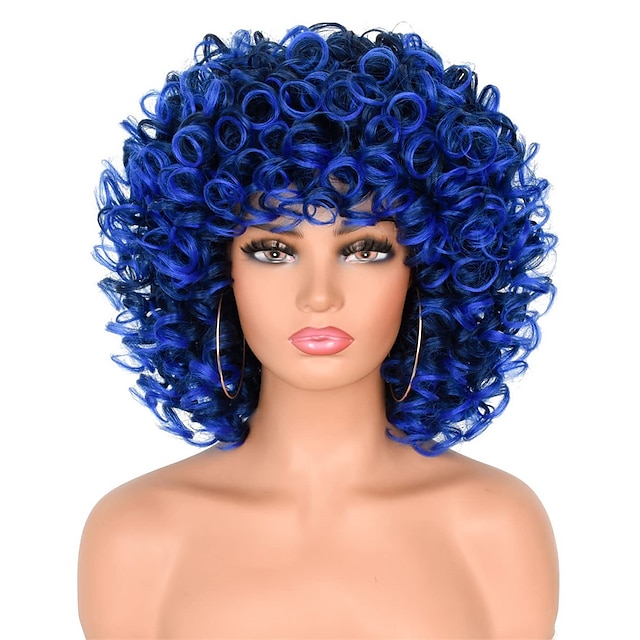  pelucas rizadas cortas para mujeres negras peluca rizada afro rizada con flequillo suelto lindo rizado esponjoso ondulado negro a azul pelo sintético