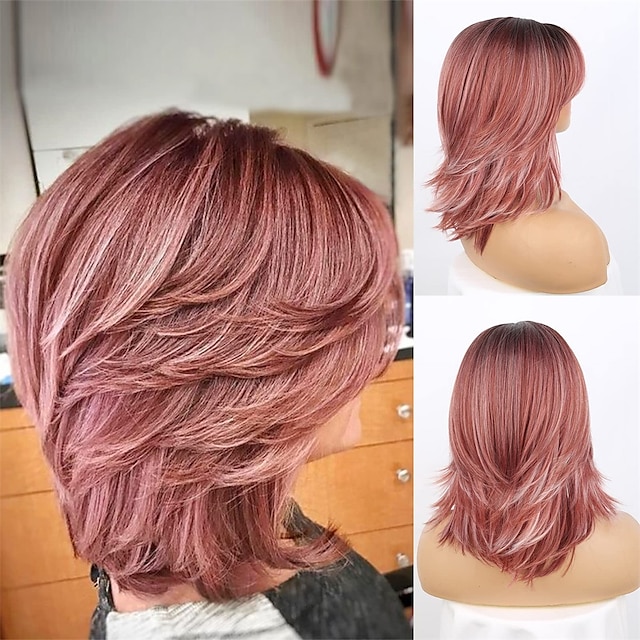 vlnitá vrstvená růžová paruka krátké růžové paruky s ofinou pro ženy 14palcové vrstvené kudrnaté ombre růžové paruky s tmavými kořínky přirozeně vypadající syntetické paruky na výměnu vlasů pro bílé