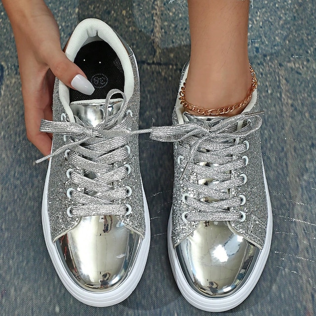  Pentru femei Adidași Pantofi Flați Roz Mărime Plus Size Pantofi fantezie Petrecere Zilnic Culoare solidă Dantelă Toc Drept Vârf rotund Modă Casual PU Argintiu Negru Roz Îmbujorat