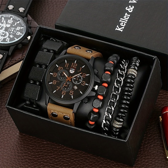  Keller Weber 5 stks horloges armband set luxe mannen quartz horloges lederen band fahsion casual horloge voor mannen cadeau voor vriendje