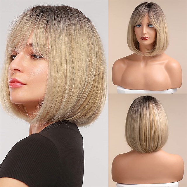  Blonde Bob Wig with Bangs Short Bob Wigs for Women Short Blonde Wig with Dark Roots Heat Resistant Synthetic Wig Natural Looking for Daily Use