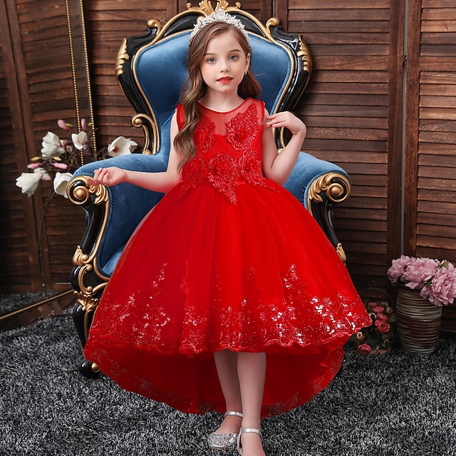  Kids Girls' Dress Party Dress Solid Color Sequin Sleeveless Wedding Special Occasion Princess Beautiful Polyester Midi Party Dress Tulle Dress Spring Fall Winter 4-12 Years White Pink Red
