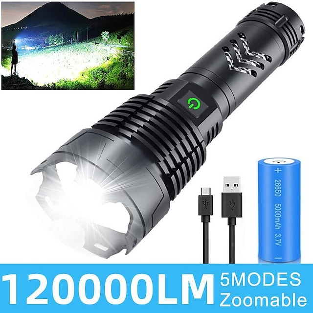 Flashlights High Lumens Rechargeable, 120000 Lumen Flashlight xhp160 Zoomable Brightest Flashlight, with 5 Modes Waterproof LED Tactical Flashlight for Emergencies Camping