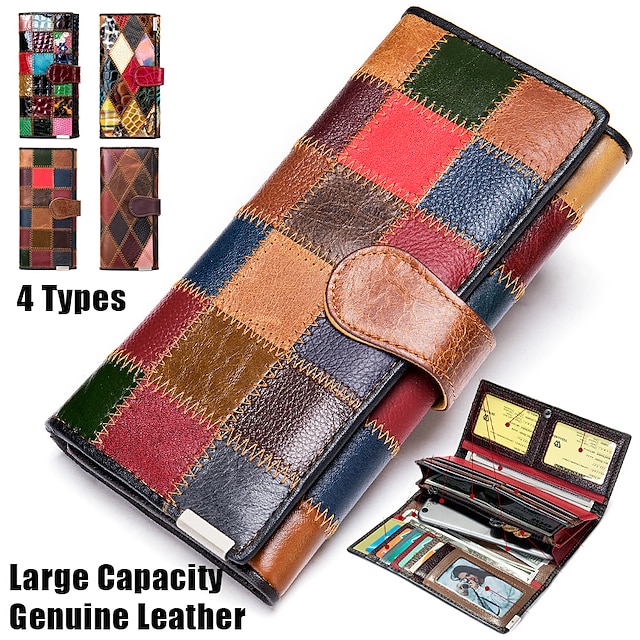  Women's Wallet Credit Card Holder Wallet Cowhide Shopping Daily Embroidery Large Capacity Lightweight Durable Color Block Patchwork Rainbow
