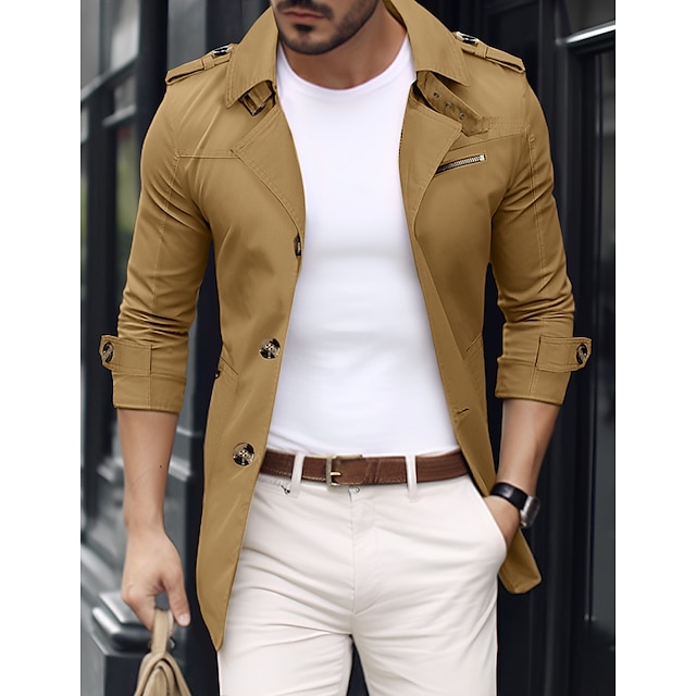  Homme Veste de transition Trench Sortir Printemps & Automne Polyester Coupe-Vent Vêtements d'extérieur Vêtement Tenue Streetwear Uni Col Rabattu Simple Boutonnage