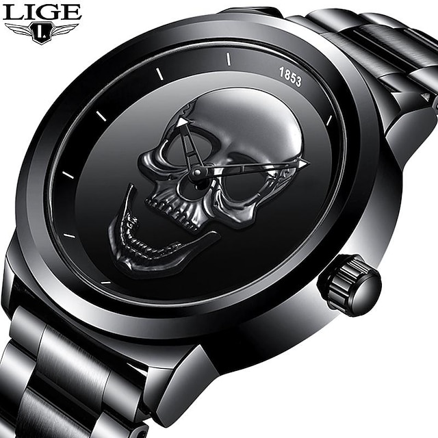  LIGE Mens Quartz Watch 3D Skull Waterproof Stainless Steel Sports Analog Quartz Watch Men Halloween Decoration Wrist Watch with Gift Box