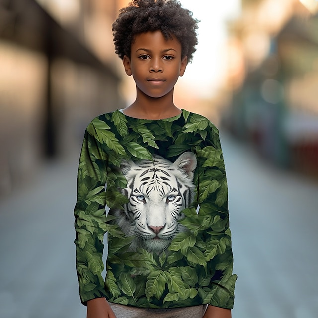  Drenge 3D Grafisk Dyr Tiger T-shirt Langærmet 3D-udskrivning Sommer Forår Efterår Sport Mode Gade Polyester Børn 3-12 år udendørs Afslappet Daglig Regulær