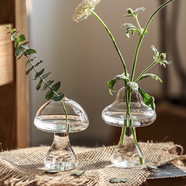  Glass Vase Cute Transparent Mushroom Design Vase Hydroponic Transparent Dining Table Small Vase Used for Home Decoration Gifts 1PC