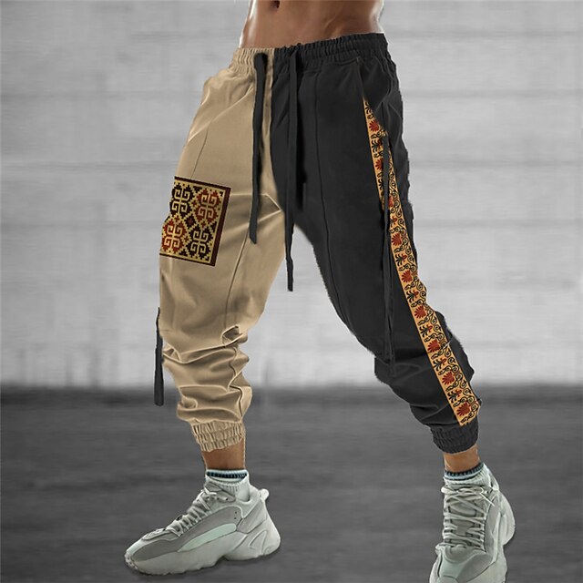 Men's Sweatpants Joggers Trousers Drawstring Elastic Waist 3D Print Graphic Prints Geometry Comfort Sports Outdoor Casual Daily Cotton Blend Ethnic Style Retro Vintage White Khaki Micro-elastic3