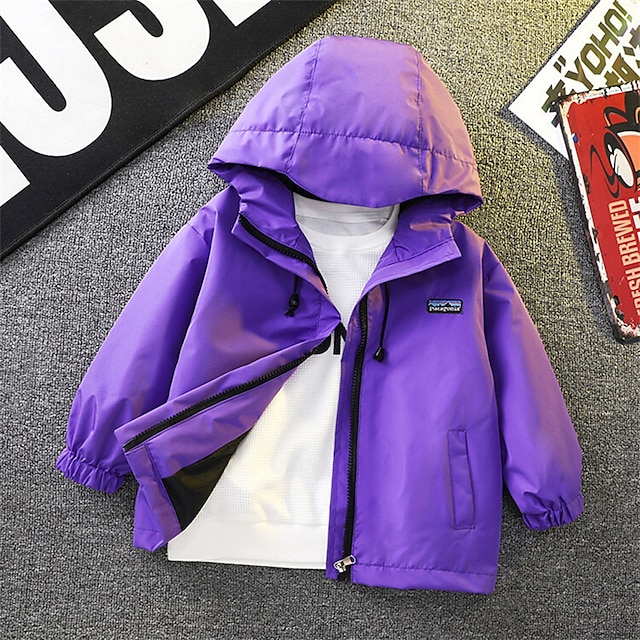  Kids Boys Raincoat Outerwear Solid Color Long Sleeve Zipper Coat Outdoor Sports Fashion Daily Black Purple Fall Winter 7-13 Years