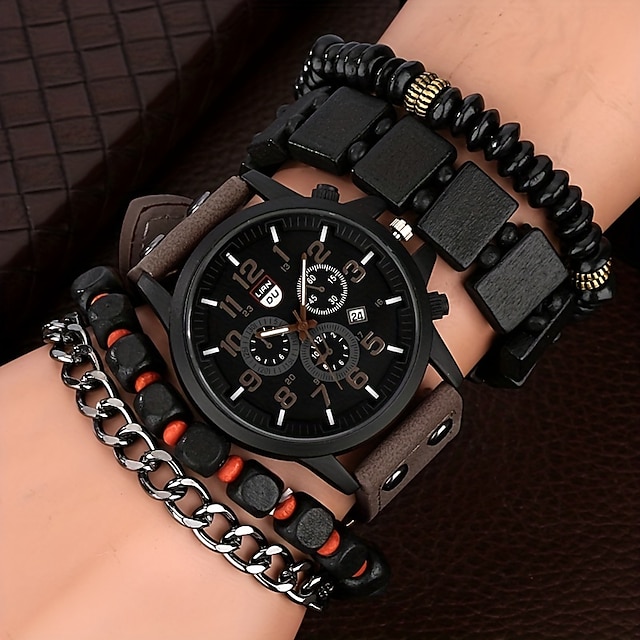 Montre Homme Quartz - Bracelet Cuir Noir - Design Arbre De Vie - Décontractée