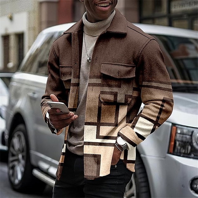  Herr Lutning Geometriska mönster Geometri Skjorta Skjorta jacka Övertröja Långärmad Mode Streetwear Designer Utomhus Ledigt Dagligen Höst vinter Nedvikt Mönster Brun