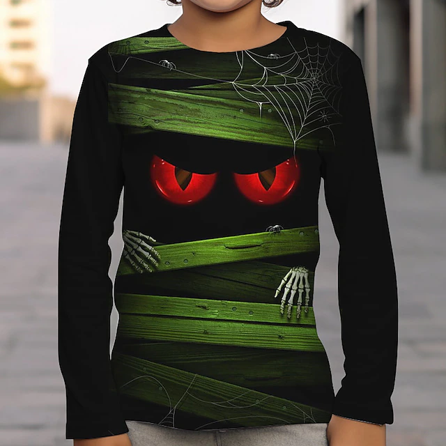 Boys 3D Skull Optical Illusion T shirt Tee Long Sleeve 3D Print Fall Winter Sports Fashion Streetwear Kids 3-12 Years Outdoor Halloween Regular Fit 9