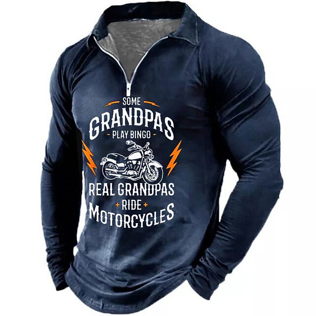 Men's Long Sleeve Graphic T-Shirt: 'Some Grandpas Play Bingo, Real Grandpas Ride Motorcycles' Funny Biker Grandpa Zipper Collar 7