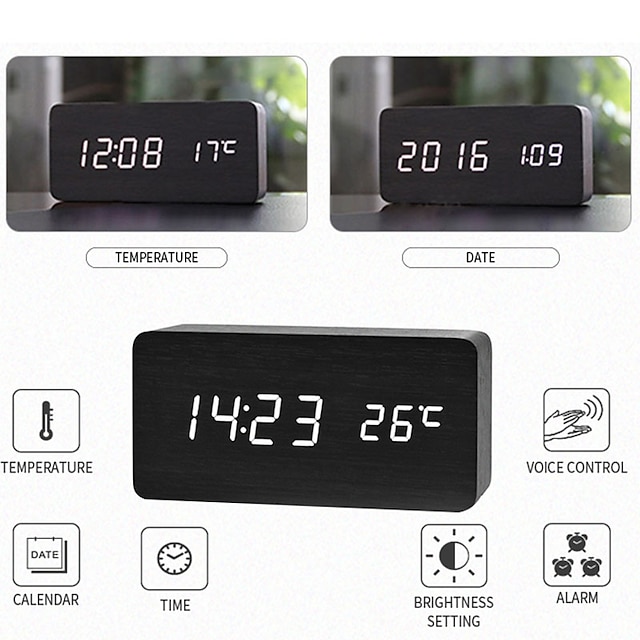  木製目覚まし時計 LED デジタル時計エレクトロニクスミュートスヌーズ時計温度と湿度表示デスク寝室の装飾