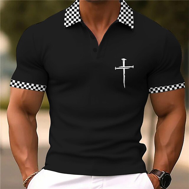 Men's Christian Polo Shirts Golf Shirt Short Sleeve Polo Shirts Collared Shirts Business Casual WorkWear Formal Wear Festival Wear Buttons 3D Print Spring &  Fall Black White3