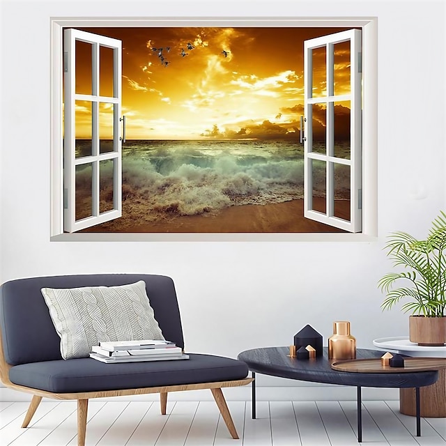  strand zeemeeuw 3d valse raam landschap muursticker slaapkamer en woonkamer decoratie schilderij 57*90cm