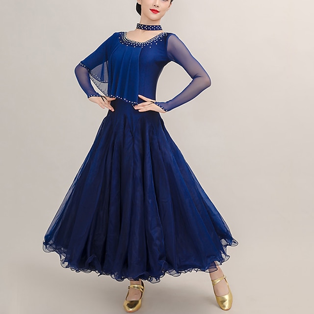  Ballroom Dance Dress Rhinestones Women's Performance Party Clothes Long Sleeve Modern Waltz Competition Stage Costumes