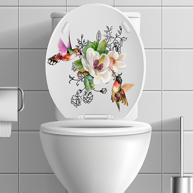  Birds Flowers Toilet Seat Lid Stickers Self-Adhesive Bathroom Wall Sticker Floral Birds Butterfly Toilet Seat Decals DIY Removable Waterproof Toilet Sticker for Bathroom Cistern Decor