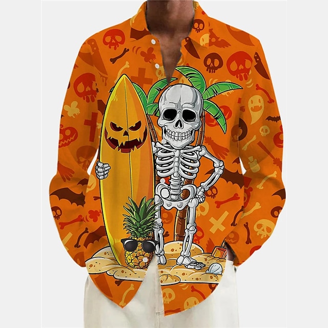  Herrenhemd Totenkopf Kürbis Grafikdrucke Turndown Schwarz Gelb Rot Lila Outdoor Halloween Langarm Druck Kleidung Bekleidung Mode Streetwear Designer Casual