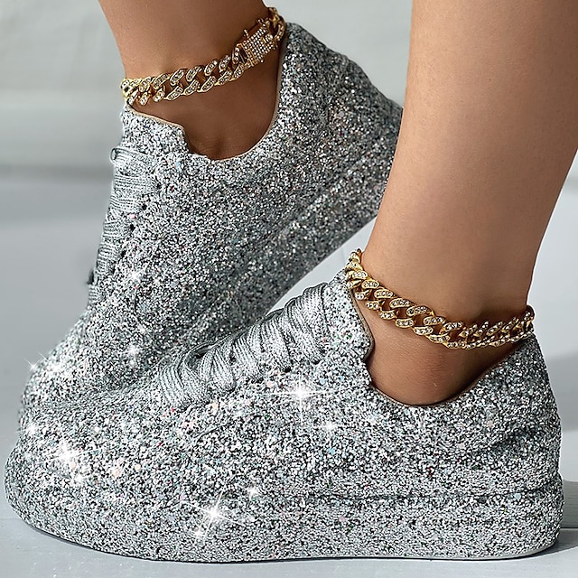  Women's Sneakers Bling Bling Shoes Glitter Crystal Sequined Jeweled Plus Size Outdoor Daily Solid Color Glow in the Dark Rhinestone Sequin Flat Heel Round Toe Casual Comfort Minimalism Walking Satin
