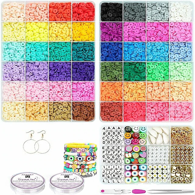 12000 Pcs Clay Beads for Bracelet Making, Paodey 48 Colors 3 Boxes Flat Clay Beads Heishi Beads with Pendant Charm Kit and Elastic Strings for Jewelry Making Bracelets Necklaces Gift Sets 8