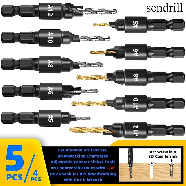  5pcs Woodworking Countersink Drill Bit Set, With 1/4