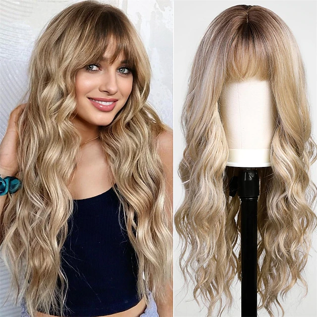Ombre Dirty Blonde Wigs with BangsAsh Blonde Long Wavy Wig for WomenLong Curly Synthetic Hair Wig for Party Daily Use 24IN 26