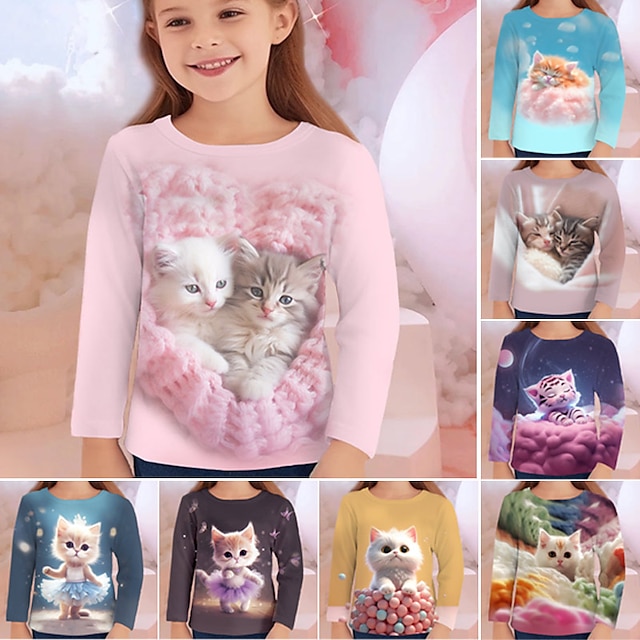  Girls' 3D Graphic Cartoon Cat T shirt Tee Long Sleeve 3D Print Summer Fall Active Fashion Cute Polyester Kids 3-12 Years Outdoor Casual Daily Regular Fit