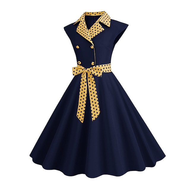  Women's Button Print Vintage Dress Midi Dress Elegant Polka Dot Lapel Sleeveless Office Date Spring Fall Black Yellow