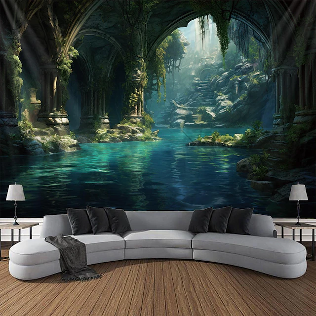 Landscape Cave River Hanging Tapestry Wall Art Large Tapestry Mural Decor Photograph Backdrop Blanket Curtain Home Bedroom Living Room Decoration 16