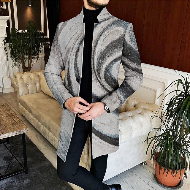 Men's Plaid Color Block Marble Winter Coat Overcoat Coat Warm Comfortable Breathable Fashion Streetwear Business Work Wear to work Going out Pocket Print Fall & Winter Turndown Long Sleeve Orange4