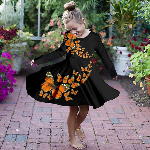  Girls' 3D Graphic Butterfly Dress Long Sleeve 3D Print Fall Winter Sports & Outdoor Daily Holiday Cute Casual Beautiful Kids 3-12 Years Casual Dress A Line Dress Above Knee Polyester Regular Fit