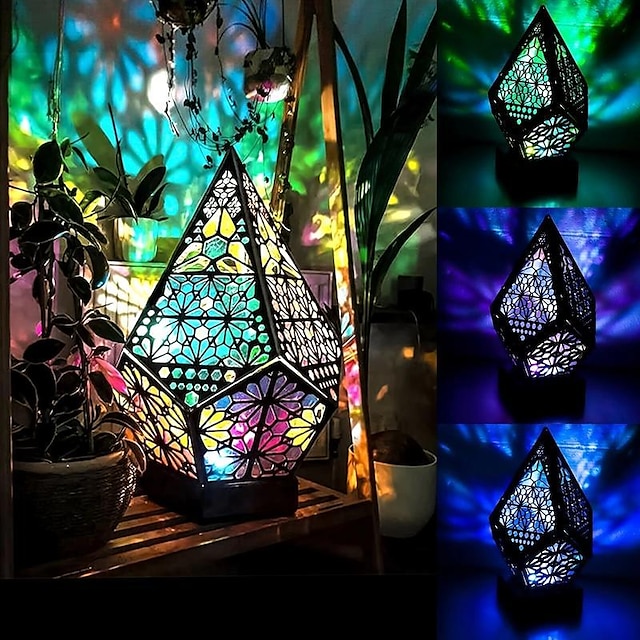  Lámpara de pie bohemia de madera, carga USB, lámpara colorida geométrica hueca, lámpara de luz bohemia retro, luces LED de colores en forma de diamante, lámpara de noche de proyección 3D, lámpara de