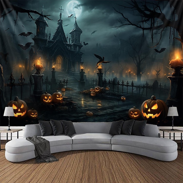 Halloween Creepy Mansion Hanging Tapestry Wall Art Large Tapestry Mural Decor Photograph Backdrop Blanket Curtain Home Bedroom Living Room Decoration Pumpkin Graveyard Halloween Decorations