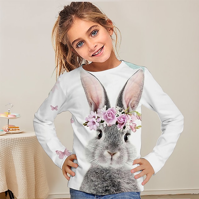  Chica 3D Floral Conejo Conejito Camiseta Manga Larga Impresión 3D Verano Otoño Activo Moda Estilo lindo Poliéster Niños 3-12 años Exterior Casual Diario Ajuste regular