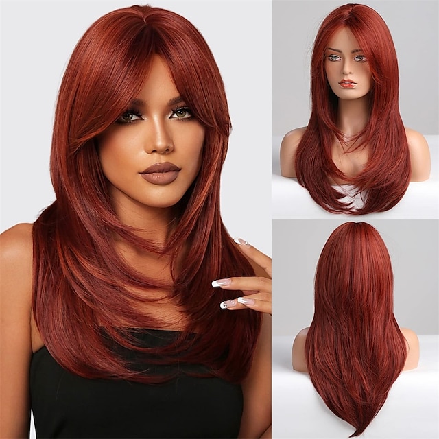  Red Wigs for WomenLong Layered Wigs with Bangs Heat Resistant Synthetic Fibre Wigs Halloween Cosplay Party Wigs