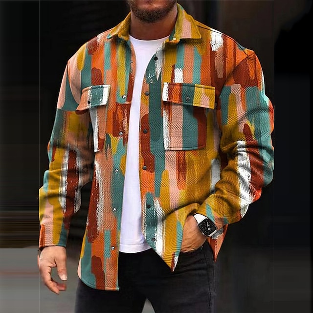  Color Block Geometry Bandana Print Vintage Casual Men's Shirt Shirt Jacket Shacket Outdoor Street Casual Daily Fall & Winter Turndown Long Sleeve Yellow Blue Brown S M L Shirt