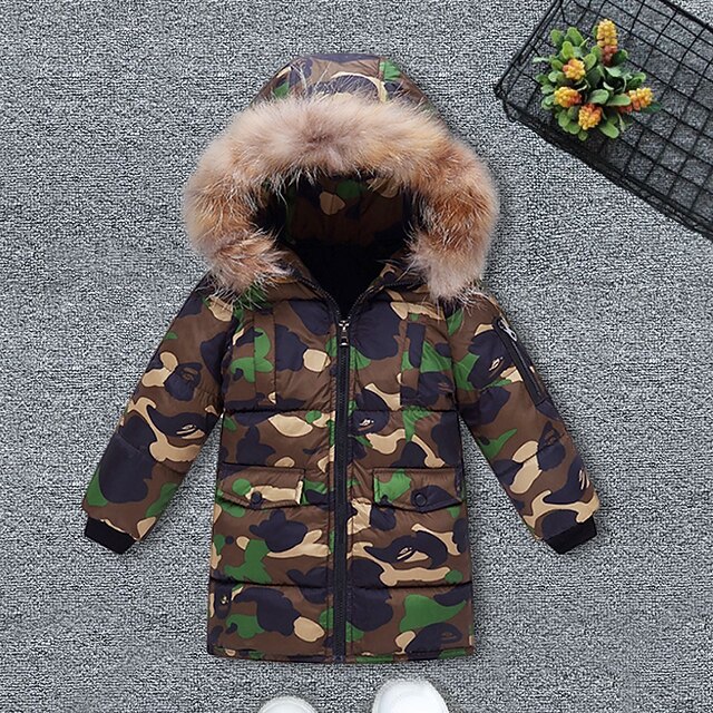 Kids Boys Down Coat Outerwear Solid Color Camo Long Sleeve Coat Outdoor Cool Daily Black Camouflage Fall Winter 7-13 Years 7